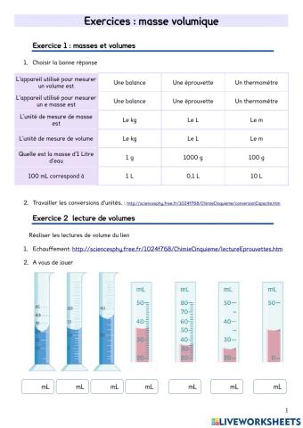 Exercices masses volumes