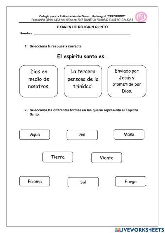 Examen segundo semestre religion quinto