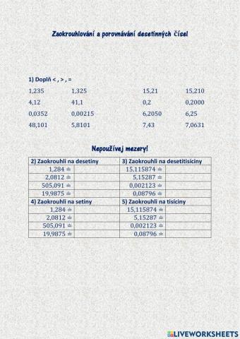 Porovnávání a zaokrouhlování desetinných čísel
