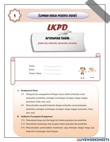 LKPD 1 Aritmetika Sosial (Harga Jual, Harga Beli, Keuntungan, dan Kerugian)