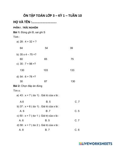 Ôn tập toán lớp 3 - tuần 10