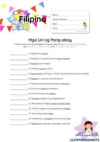 Mga Uri ng Pang-abay - HuntersWoodsPH.com Worksheet