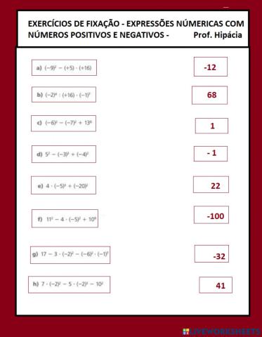 Expressões numéricas com números positivos e negativos e potências