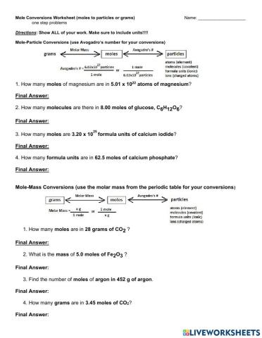 Mole Conversions  (one step)