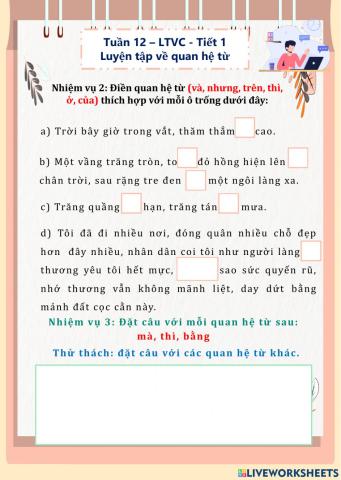 Tuần 12 - LTVC - Tiết 1 - Luyện tập về quan hệ từ