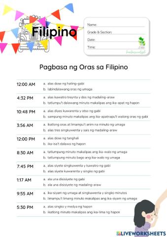 Pagbasa ng Oras sa Filipino - HuntersWoodsPH.com Worksheet