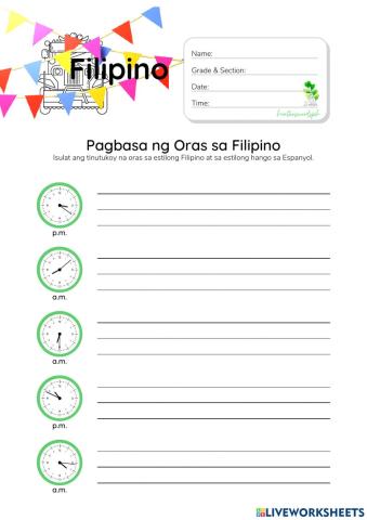 Pagbasa ng Oras sa Filipino - HuntersWoodsPH.com Worksheet