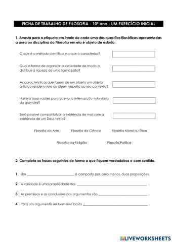 FICHA DE TRABALHO DE FILOSOFIA - 10º ano - UM EXERCÍCIO INICIAL