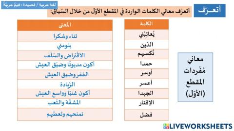 مفردات نص : قيم عربية المقطع الأول