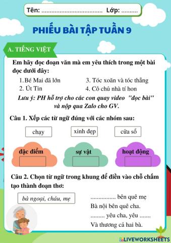 Phiếu bài tập cuối tuần 9 - Lớp 2