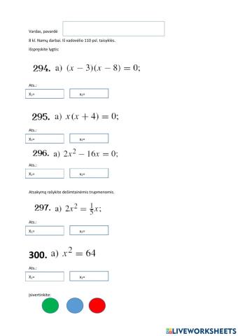 8kl. Kvadratinės lygtys.Namų darbai 294-297 a, 300a.