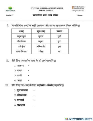 व्याकरणिक कार्य- कार्य पत्रिका