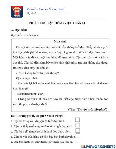 Phiếu Tiếng Việt tuần 14