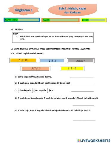 Bab 4 nisbah,kadar dan kadaran matematik tingkatan 1