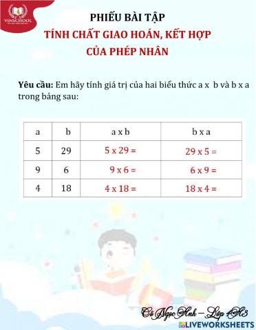 Tuần 10-Tính chất giao hoán, kết hợp của phép nhân