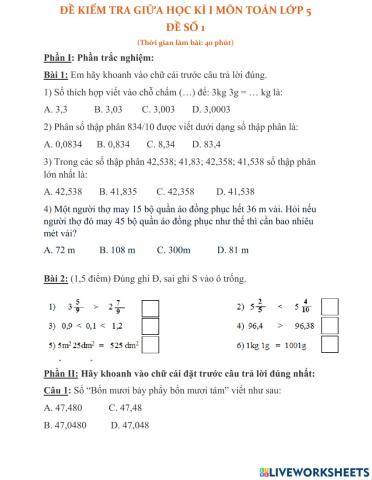 Kiểm tra giữa kì toán - lớp 5