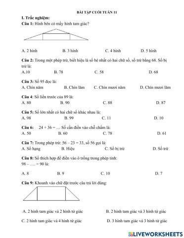 Phiếu cuối tuần 11- Toán 2