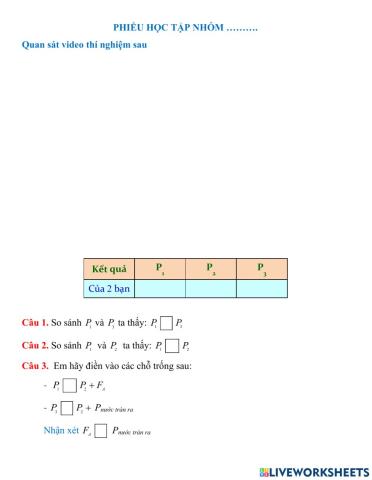 Phiếu học tập lực đẩy Ác si mét