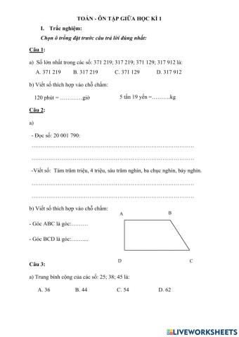 Ôn tập giữa học kì 1 - toán - 2