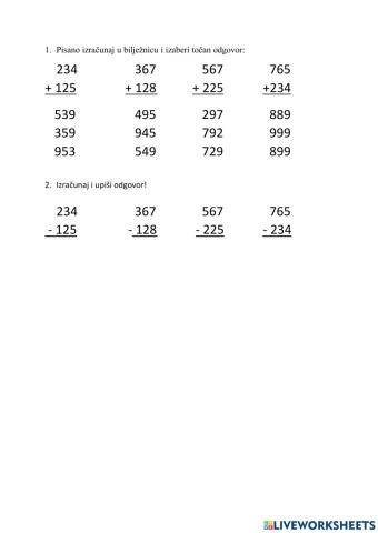Pisano zbrajanje i oduzimanje do 1000
