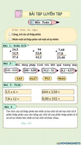 Ôn tập cộng, trừ, nhân số thập phân