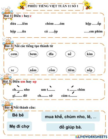 Phiếu bài tập Tiếng việt tuần 11 - số 1