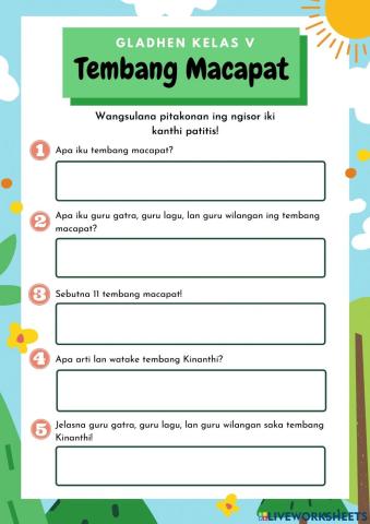 Gladhen Kelas V: Tembang Macapat (open answer questions)