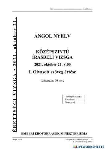 Középszintű angol érettségi 2021.október 21, (LEGAL)