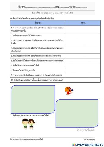 ใบงาน1-3 การเปลี่ยนแปลงและผลกระทบของเทคโนโลยี