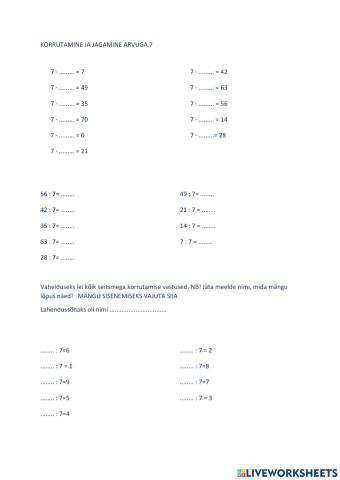 Korrutamine ja jagamine arvuga 7, 2. tööleht, 3. klass