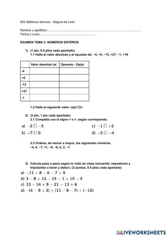 Examen números enteros