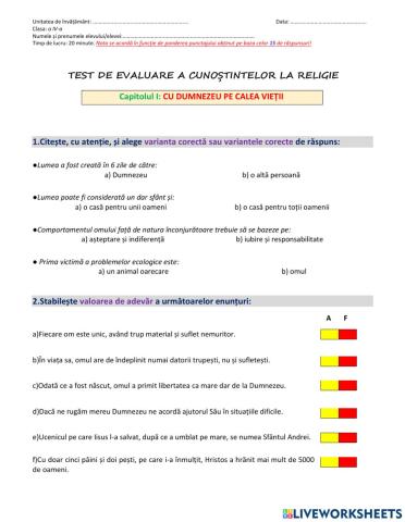 Test de evaluare - Cu Dumnezeu pe calea vieții