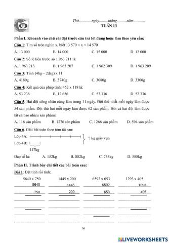 BTCT Toán 4 Tuần 13