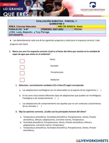 Sumativa 1Parcial 2 Quimestre Ciencias Naturales