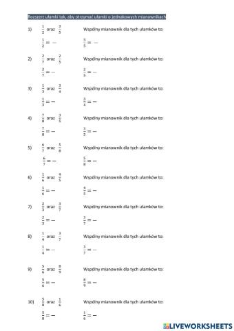 Ułamki (rozszerzanie do wspólnego mianownika)