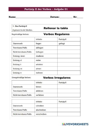 Partizip II der Verben Aufgabe 01