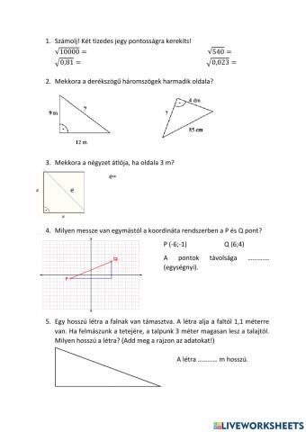 Pitagorasz-tétel (egyszerű feladatok)
