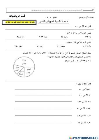 ورقة نشاط النسبة المئوية والتقدير