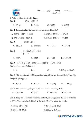 Bài tập toán tuần 11