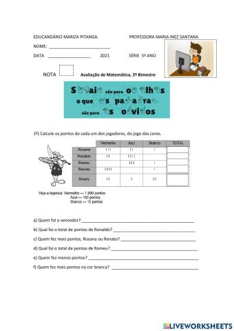 Avaliação de matemática