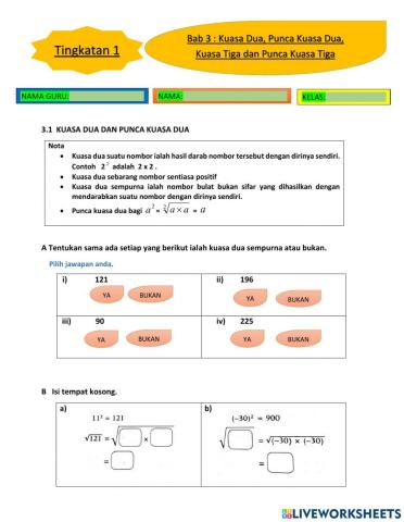 Bab 3 kuasa dua, punca kuasa dua,kuas atiga, punca kuasa tiga matematik tingkatan 1