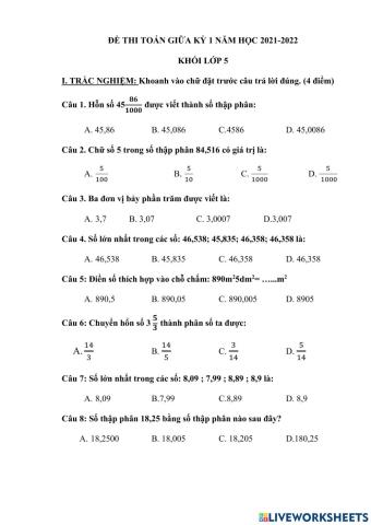 Kiểm tra giữa kì 1 toán 5