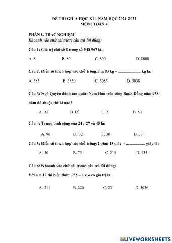 Kiểm tra giữa kì 1 toán 4