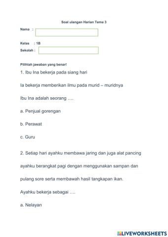 Soal ulangan harian tema 3