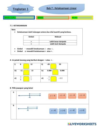 Bab 7 ketaksamaan linear matematik tingkatan 1