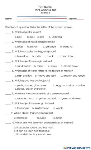 Third Summative Test in Science (Part 1)