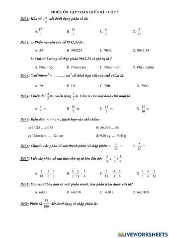 Phiếu ôn tập giữa kì 1 môn Toán