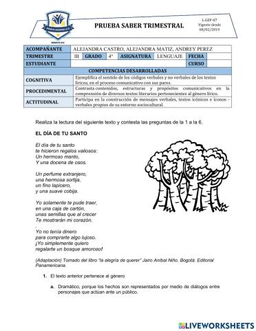 Evaluación trimestral español