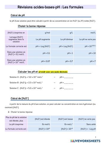 Révisions acides-bases-pH : Les formules
