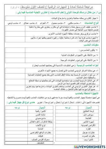 مراجعة شاملة لمادة المهارات الرقمية - أول متوسط - الفصل الدراسي الأول لعام 1443هـ